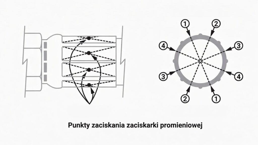 punkty zaciskania zaciskarki proieniowej TaniaHydraulikaSilowa Punkty zaciskania węża hydraulicznego